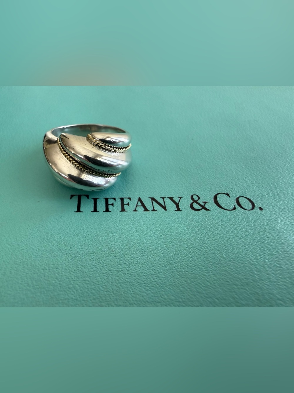 Tiffany&Co. Sterling Silver & 18K Gold Twisted Rope Dome Shrimp Ring Size 7